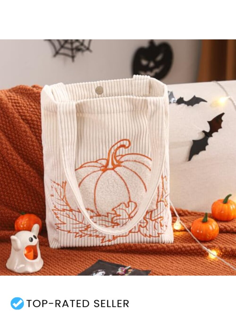 Corduroy Embroidered Tote Bag with Magnetic Snap and Inner Pocket